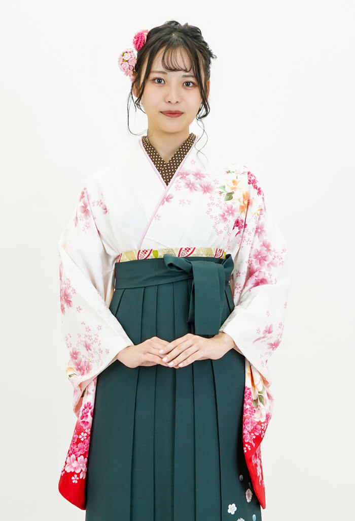 着物】白・赤山桜+【袴】ﾌｶﾐﾄﾞﾘ友疋田桜｜卒業式袴宅配ネットレンタルange