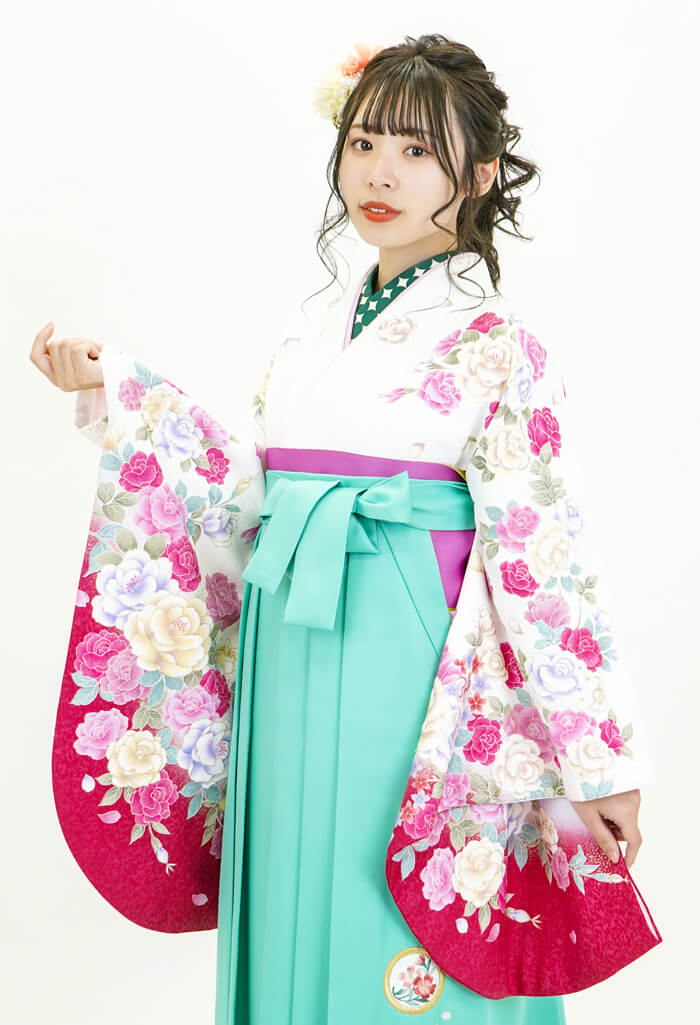 着物】白地ワイン袖ぼたん+【袴】ミントグリーン撫子に橘｜卒業式袴