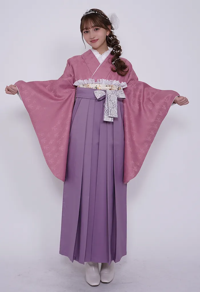 着物】muji×ローズ+【袴】ｽﾓｰｷｰﾊﾟｰﾌﾟﾙ紐ﾚｰｽ｜卒業式袴宅配ネット