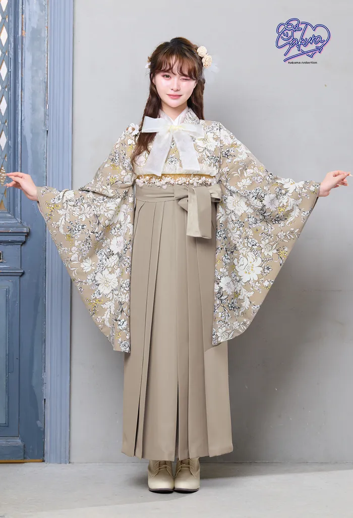 卒業式向け 袴レンタルセット の着物モカクラシカとｸﾞﾚｰﾍﾞﾙﾍﾞｯﾄの袴（宅配ネットレンタル）