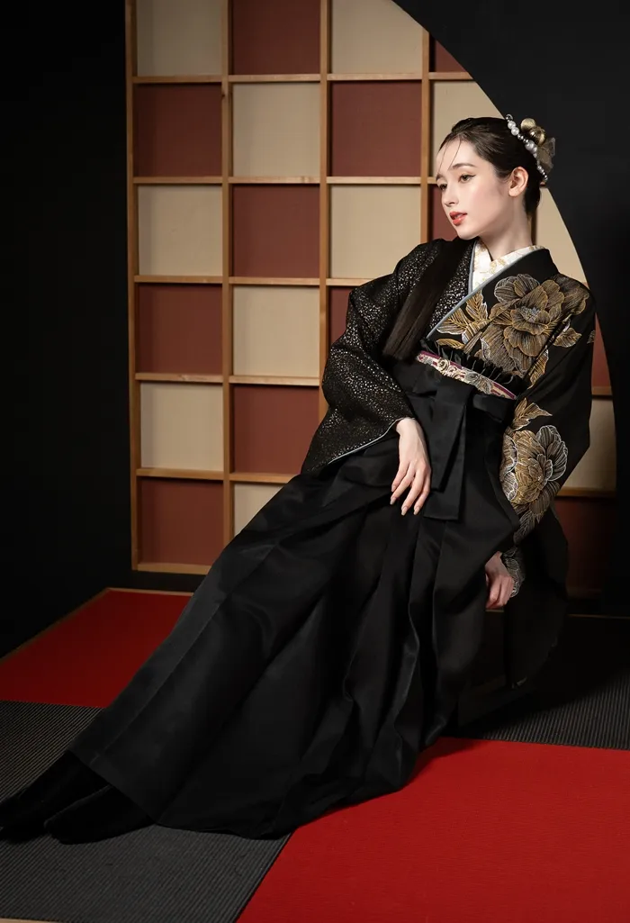 卒業式向け 袴レンタルセット 星屑金華の着物とｸﾛの袴（宅配ネットレンタル）