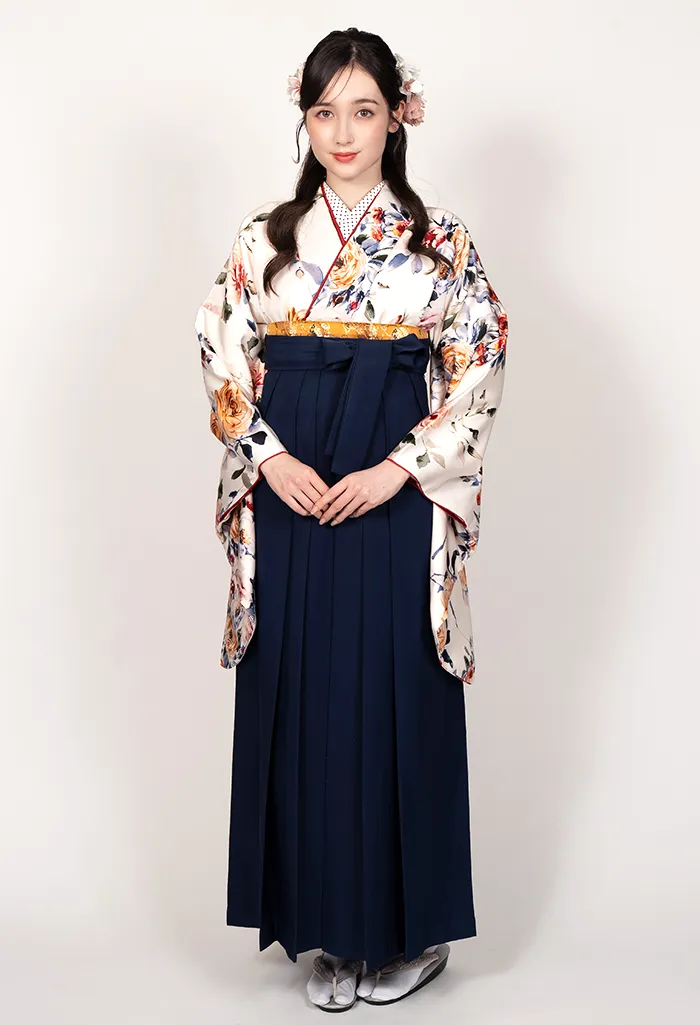 【着物】白地洋バラ+【袴】ｺﾝ