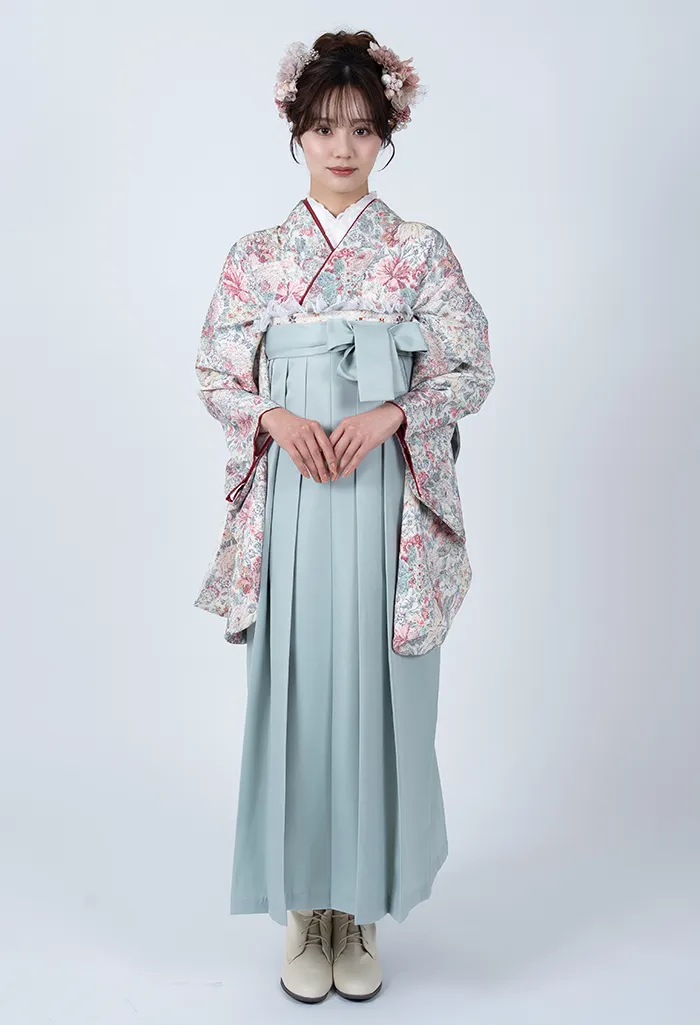 【着物】白ちりめん小花散し+【袴】ｽﾓｰｷｰｸﾞﾘｰﾝ