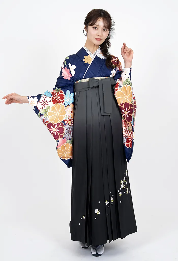 着物】紺地雪輪桜C+【袴】ｸﾞﾚｰﾎﾞｶｼ斜めｼｼｭｳ｜卒業式袴宅配ネット