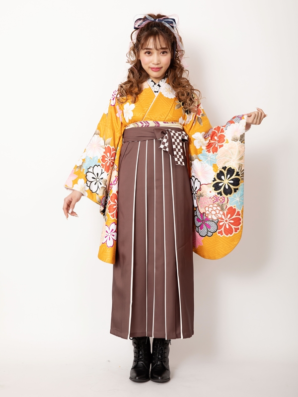 【着物】からし地大桜+【袴】チャイロライン紐市松